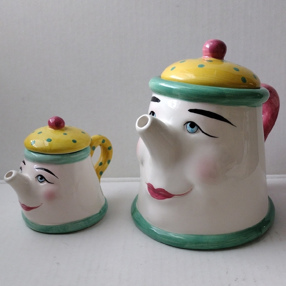 Clay Art vintage Ceramic Teapot Set with Faces - Yellow, Green, Pink